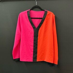 SHEIN Hot Pink & Orange Colorblock Top | V-Neck Blouse